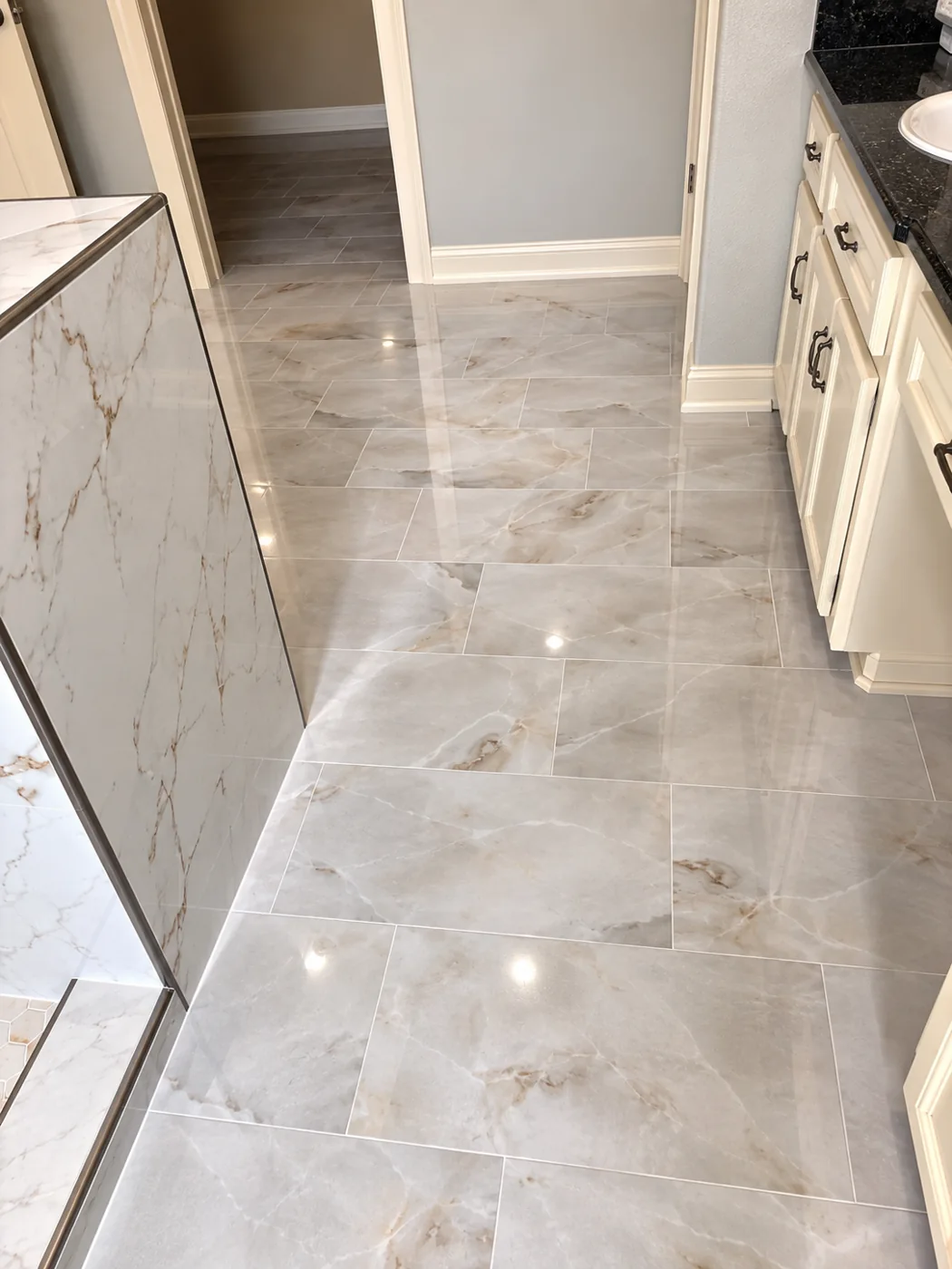 Marble-Look Bathroom Floor: Polished tile flooring beside the custom shower