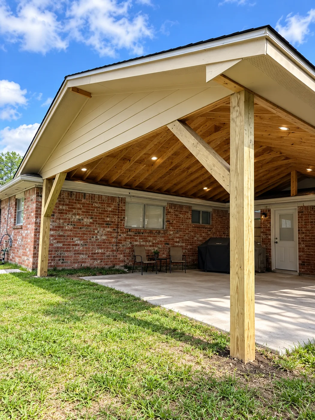 Completed covered porch with wood ceiling and recessed lights